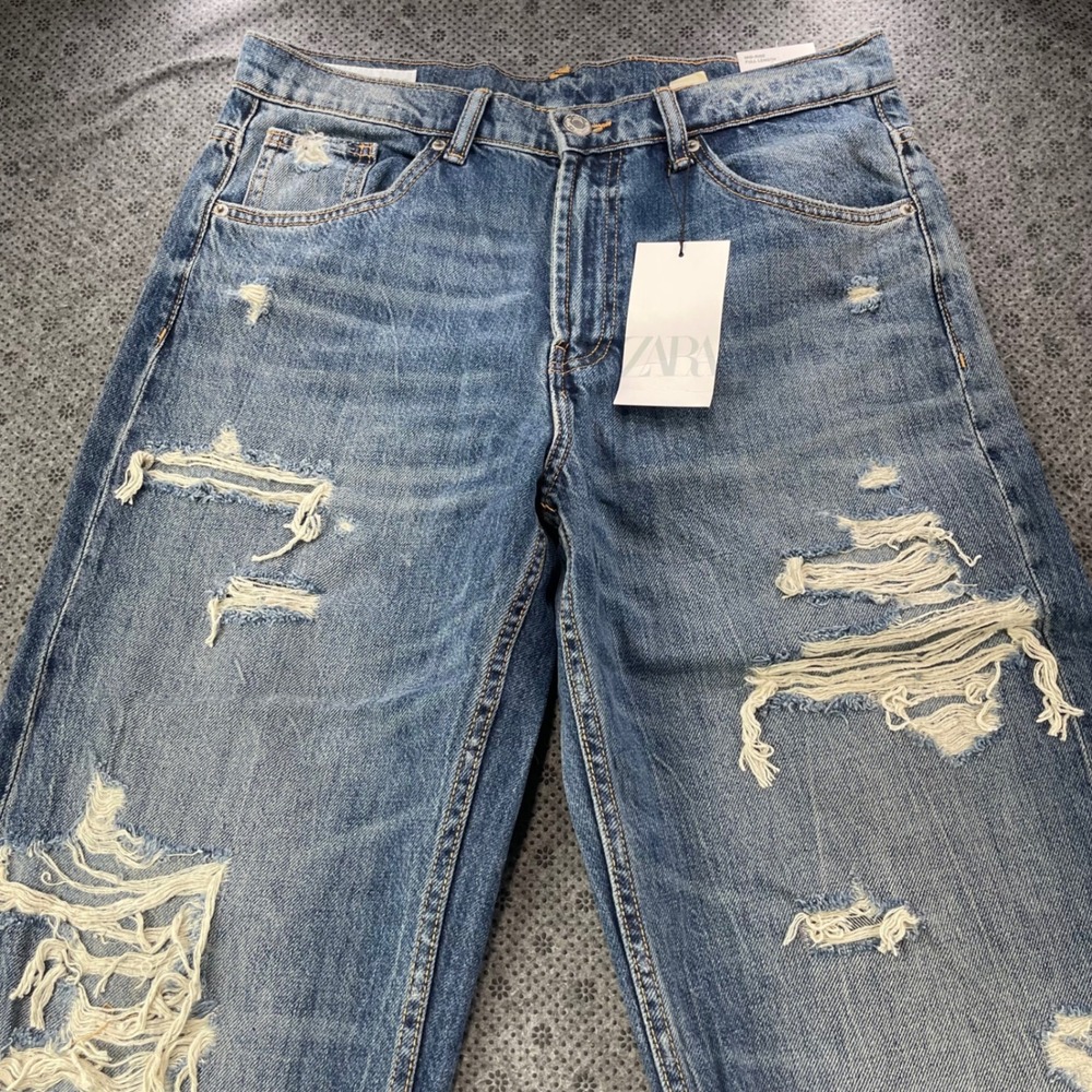 NEW Zara Mid-Rise Full Length Wide Leg Distressed Jeans Blue Size 8 W32xL32 - Picture 5 of 13